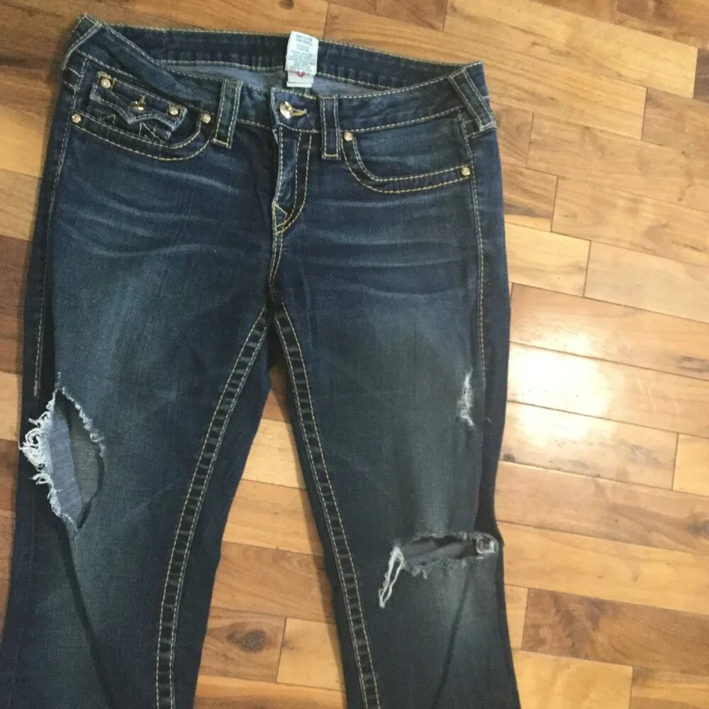 True Religion low rise destressed jeans tall size 30 33 inch inseam dark wash - Picture 4 of 5